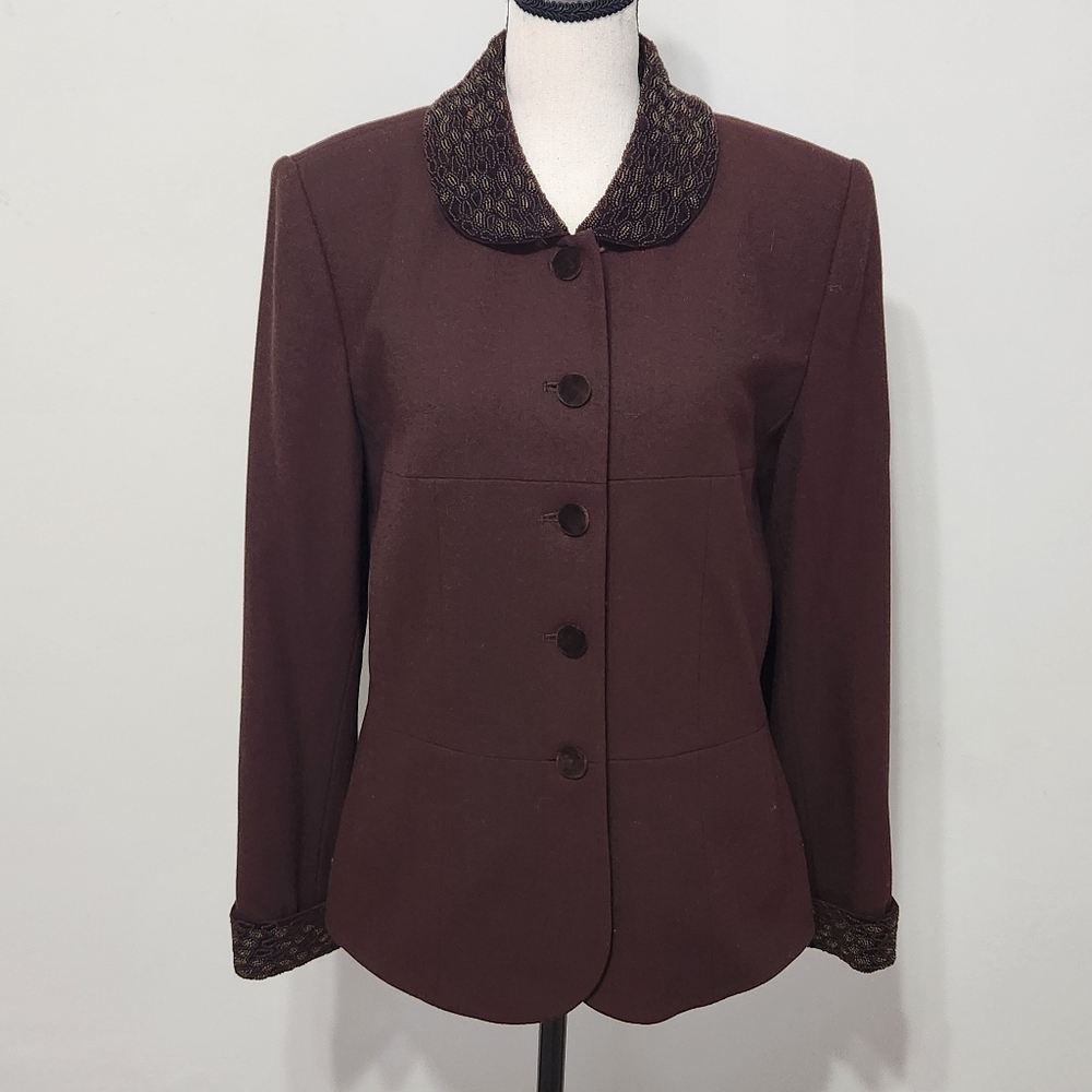 Le Suit Brown Wool Women's Blazer Velvet Buttons Beaded Collar & Cuffs Lined 8 - Picture 5 of 16